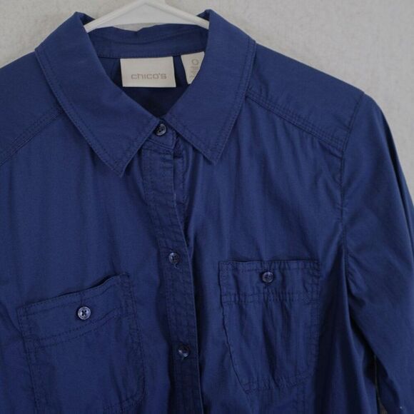 Chico's Blue Pocket Button Front Dress Shirt Size 0 - Picture 2 of 7